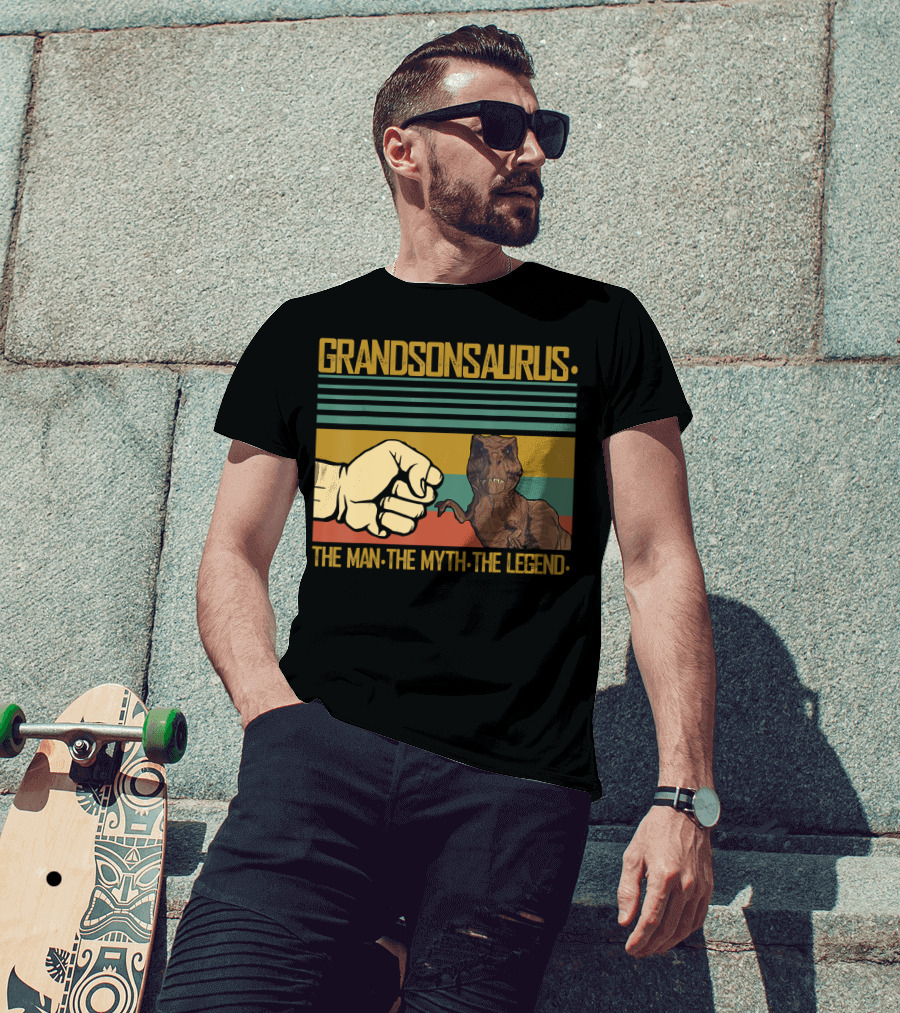 Grandsonsaurus The Man The Myth The Legend Dinosaur Fist Retro Stripes T-Shirt
