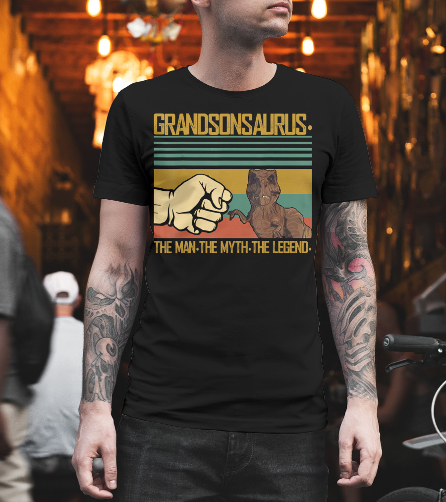 Grandsonsaurus The Man The Myth The Legend Dinosaur Fist Retro Stripes T-Shirt