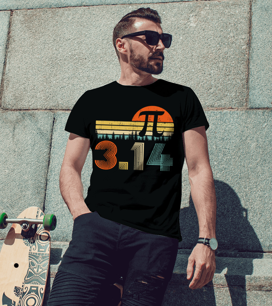 Pi Day Math Teacher 3.14 Retro Sunset Forest T-Shirt