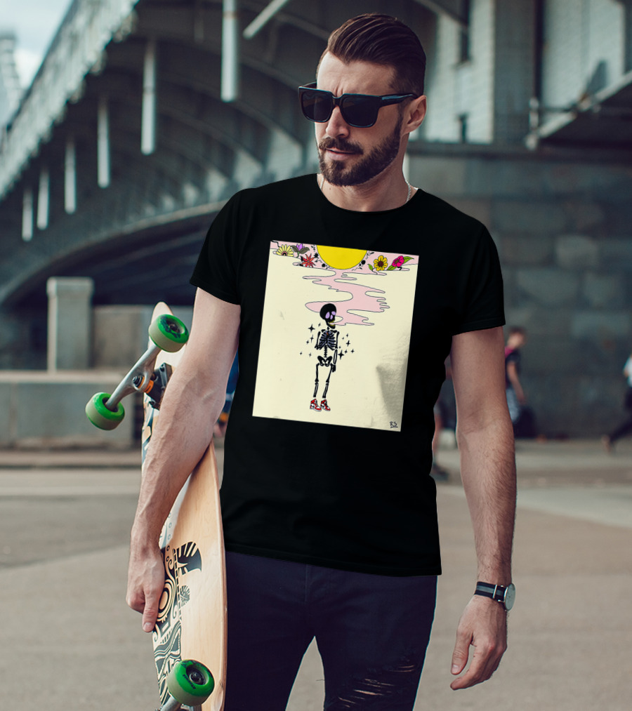 Smoking Skeleton Sun Flowers Sneakers Graphic Fashion T-Shirt