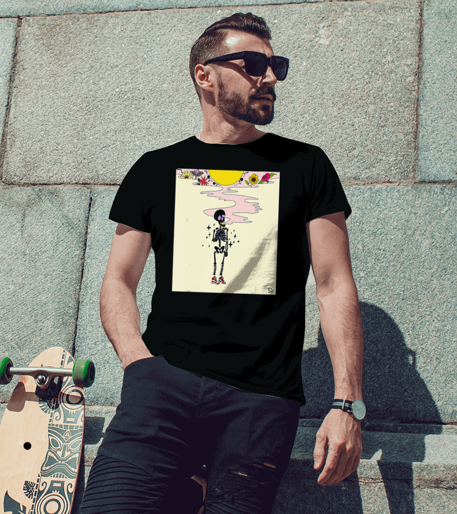 Smoking Skeleton Sun Flowers Sneakers Graphic Fashion T-Shirt