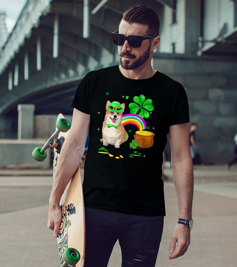 Corgi Dog Shamrock St Patricks Day Leprechaun Rainbow Pot Of Gold T-Shirt