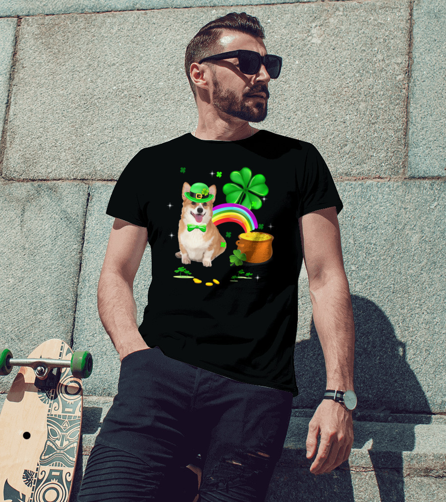 Corgi Dog Shamrock St Patricks Day Leprechaun Rainbow Pot Of Gold T-Shirt
