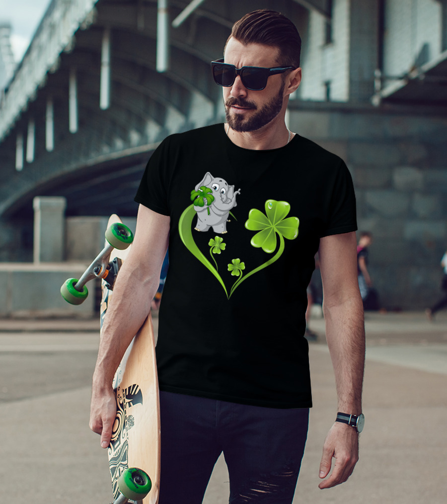 Elephant With Shamrock Heart And Clover Leaves T-Shirt