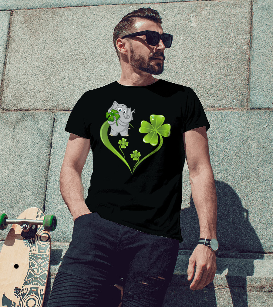 Elephant With Shamrock Heart And Clover Leaves T-Shirt
