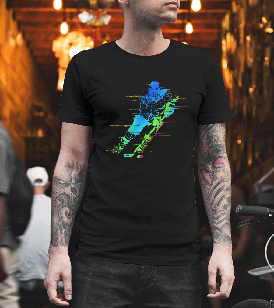 Ice Hockey Player Funny Athletes Glitch Effect Neon Athlete T-Shirt