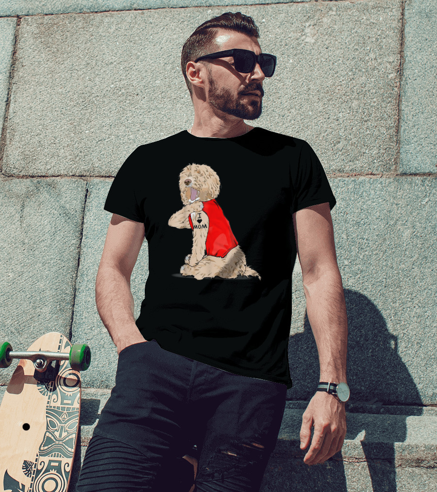 Labradoodle I Love Mom Tattoo Funny Dog In Red Vest Sitting Pose T-Shirt