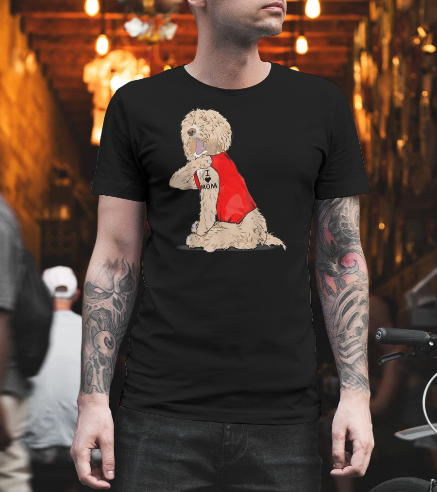 Labradoodle I Love Mom Tattoo Funny Dog In Red Vest Sitting Pose T-Shirt