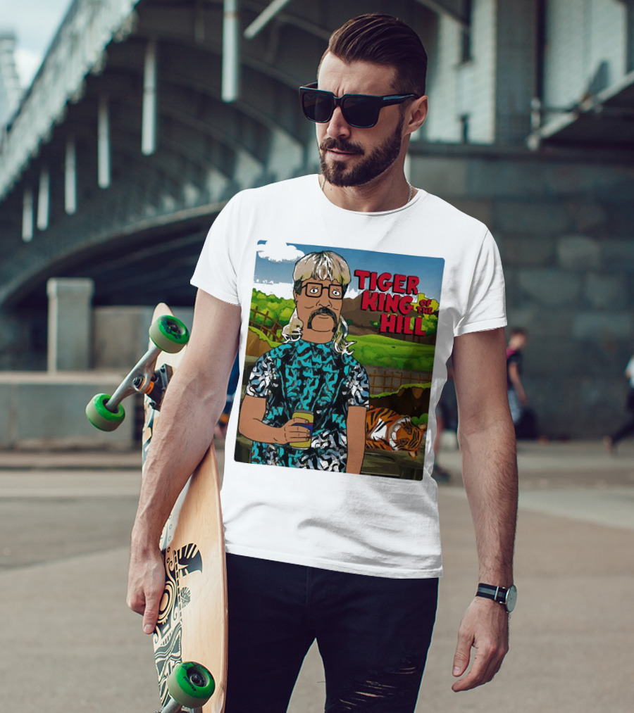 Tiger King Of The Hill In Cartoon Style With Tiger And Guy Holding Drink T-Shirt