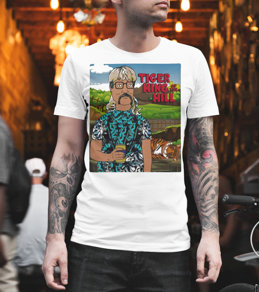Tiger King Of The Hill In Cartoon Style With Tiger And Guy Holding Drink T-Shirt