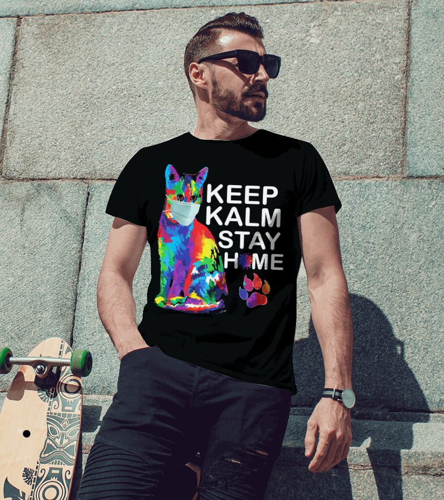 Colorful Masked Cat Keep Kalm Stay Home Ladies T-Shirt