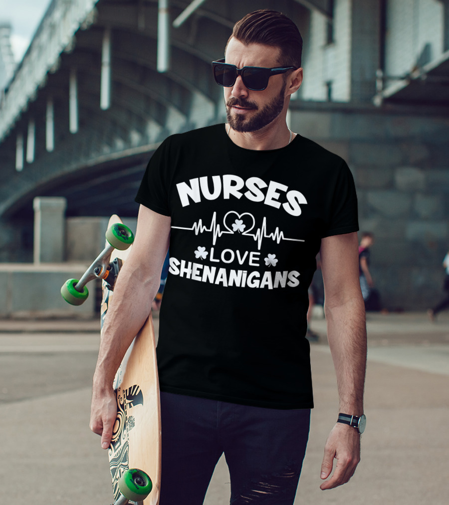 Nurses Love Heartbeat Shamrock Shenanigans T-Shirt
