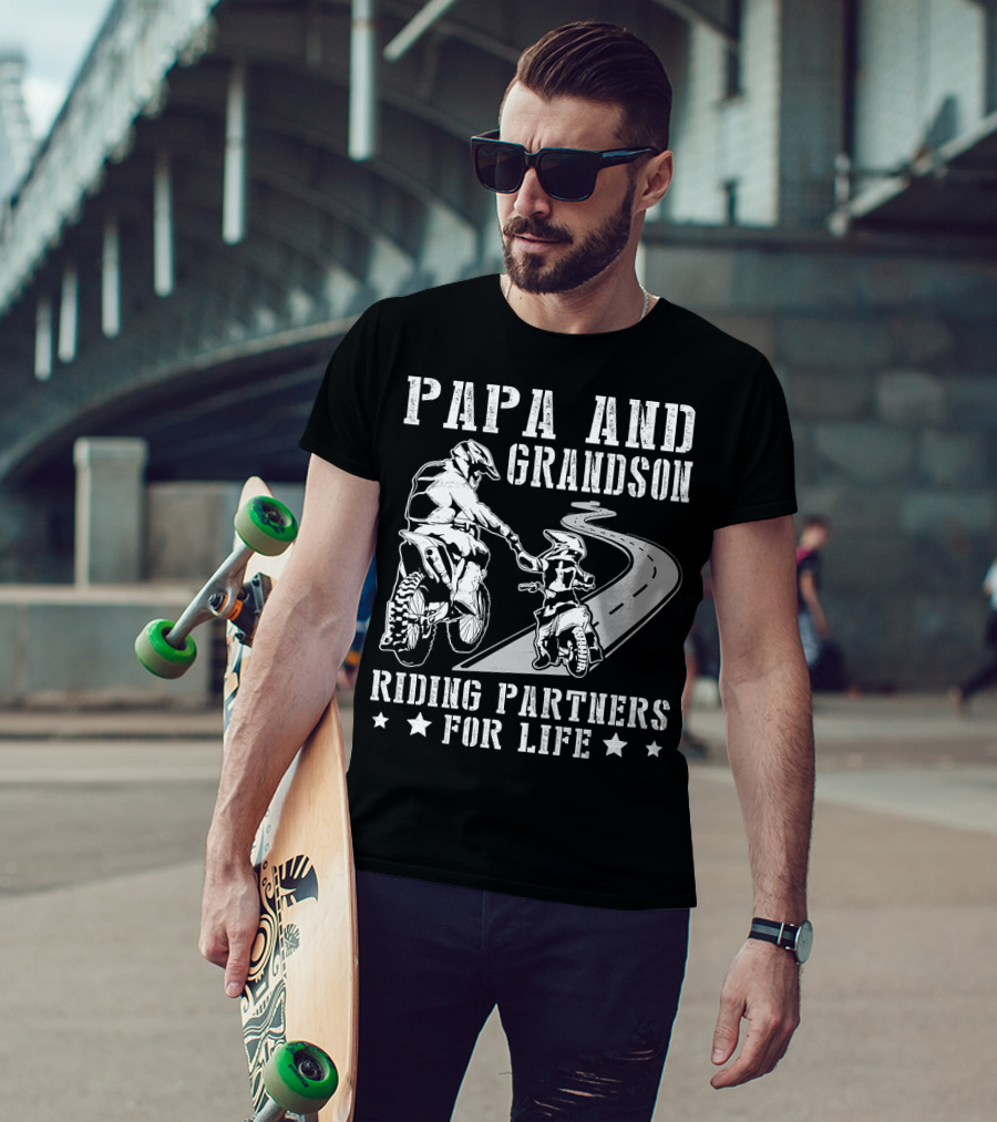 Papa And Grandson Riding Partners For Life Happy Motor Rider Road Adventure T-Shirt