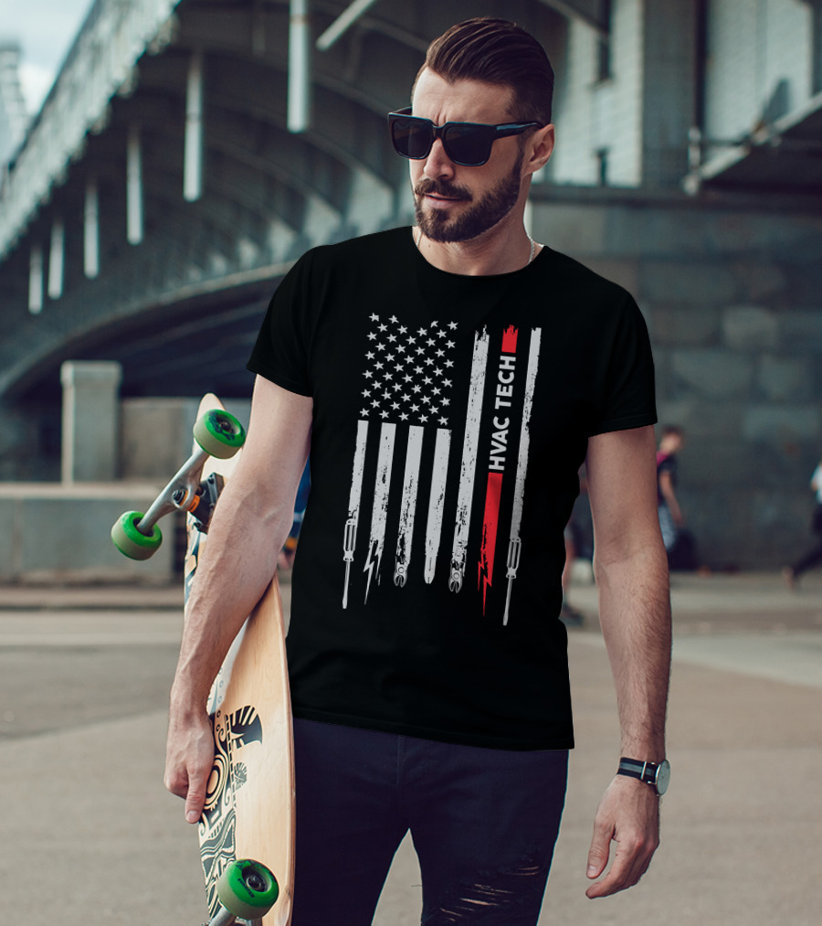 American Flag HVAC Tech Pride With Tools And Lightning 212 T-Shirt