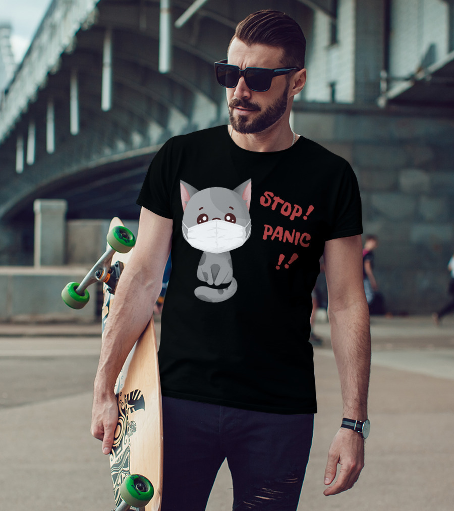 STOP PANIC Masked Cat Alert T-Shirt