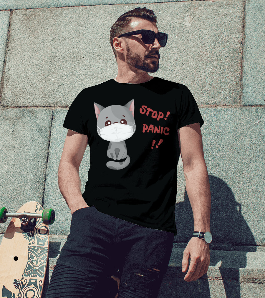 STOP PANIC Masked Cat Alert T-Shirt