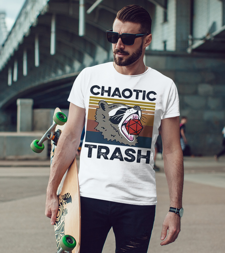 Chaotic Trash Game Raccoon D20 Dice Retro Stripes T-Shirt