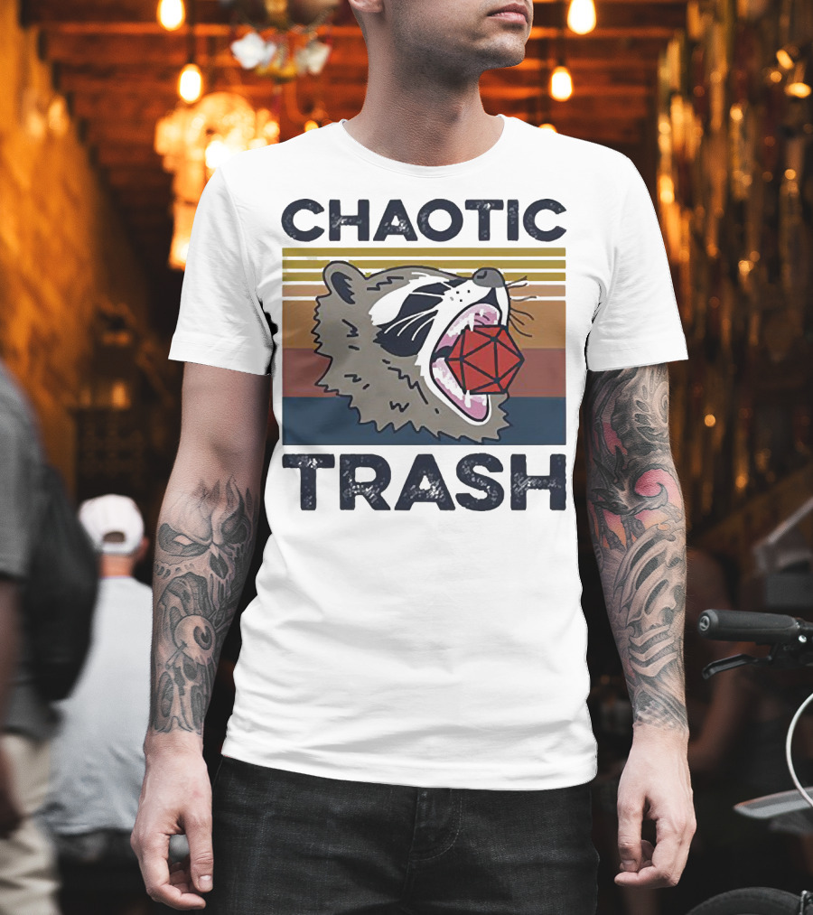 Chaotic Trash Game Raccoon D20 Dice Retro Stripes T-Shirt