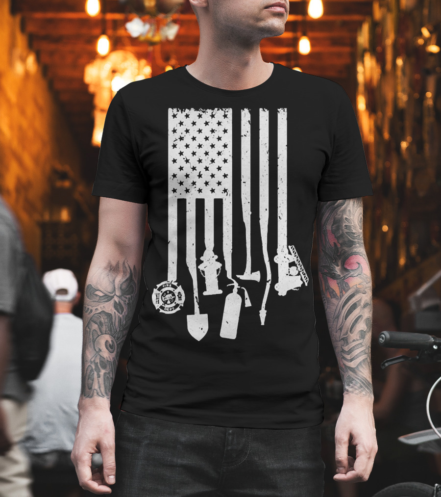 American Flag With Firefighter Tools And Veteran Badge Elements T-Shirt