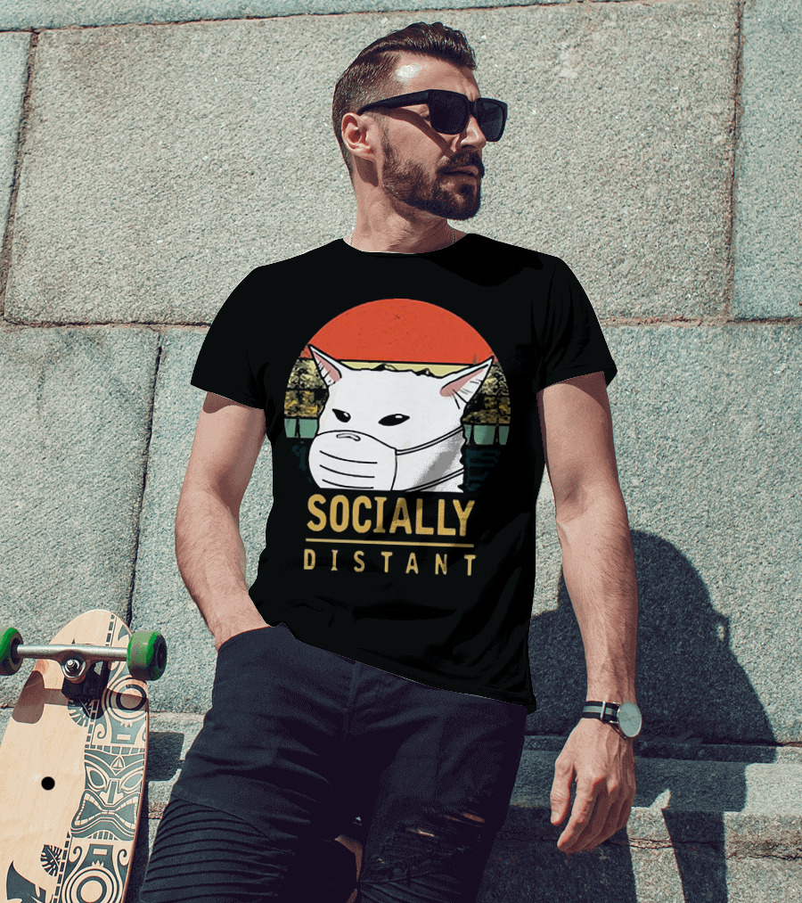 Socially Distant Cat White Masked Sunset T-Shirt