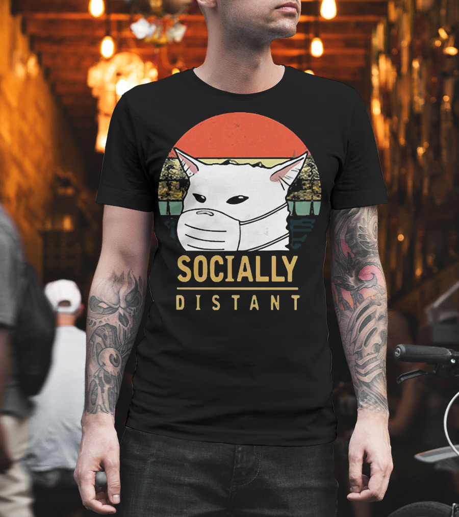 Socially Distant Cat White Masked Sunset T-Shirt