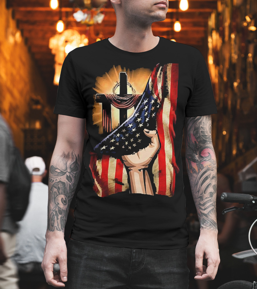Jesus God American Flag Cross And Hand Inside Me T-Shirt