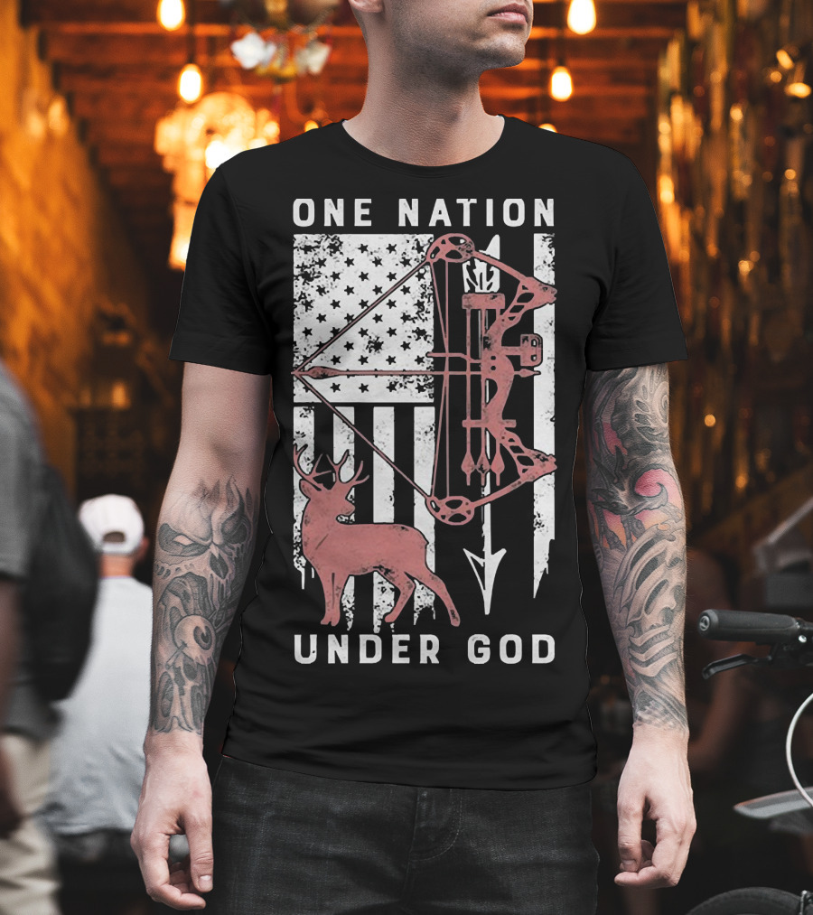 One Nation Under God American Flag Bow Hunter Veteran T-Shirt