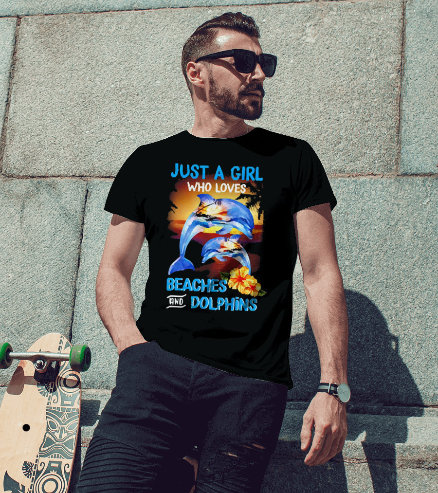 Just A Girl Who Loves Beaches And Dolphins Tropical Sunset With Dolphins And Hibiscus Flower T-Shirt