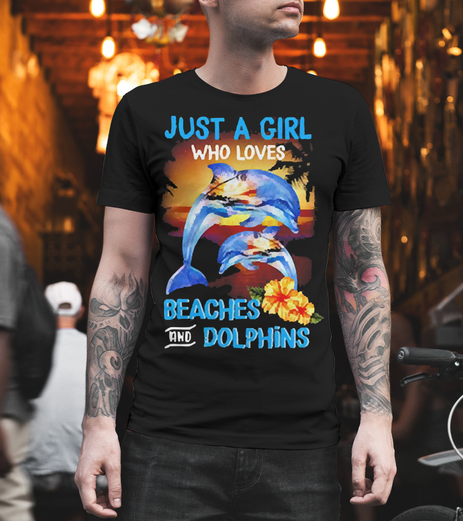 Just a Girl Who Loves Beaches and Dolphins Tropical Sunset with Dolphins and Hibiscus Flower T-Shirt