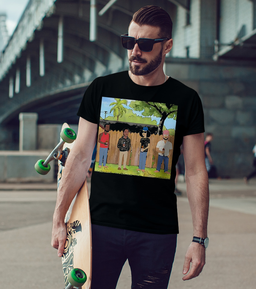 King Of The Hill Treatment With Four Men By Fence With Beverages And Trees T-Shirt