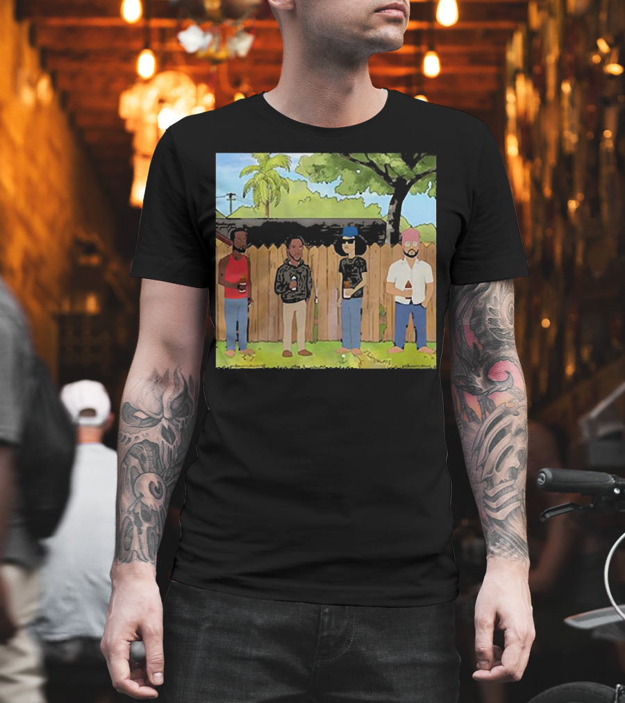 King of The Hill Treatment with Four Men by Fence with Beverages and Trees T-Shirt