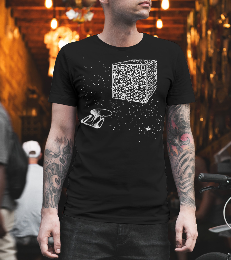 Scan QR Code Spaceship and Cube in Space T-Shirt