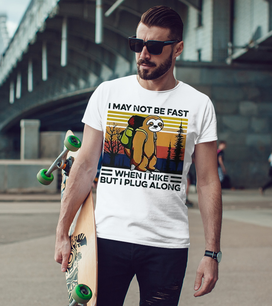 I May Not Be Fast When I Hike But I Plug Along Sloth Retro Forest Scene T-Shirt