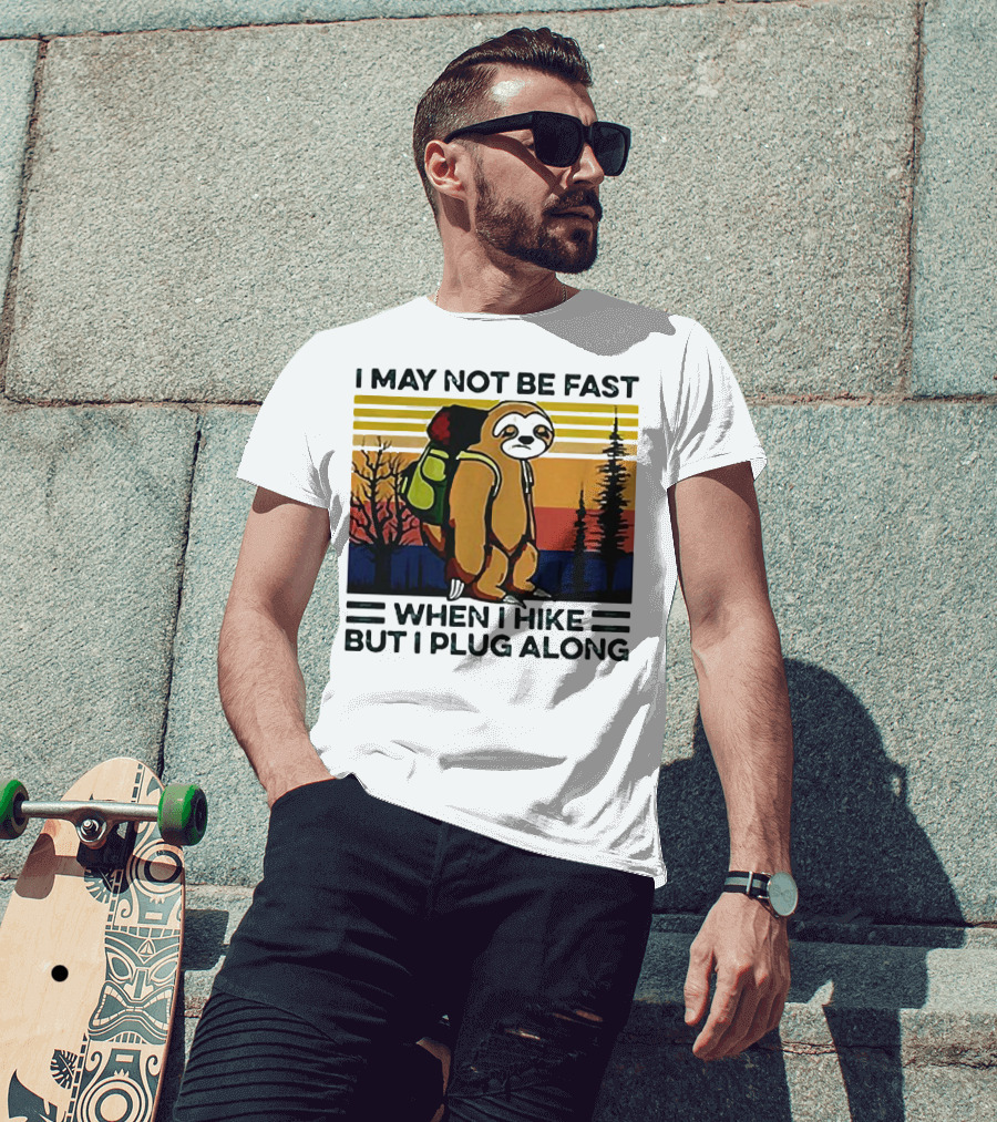 I May Not Be Fast When I Hike But I Plug Along Sloth Retro Forest Scene T-Shirt