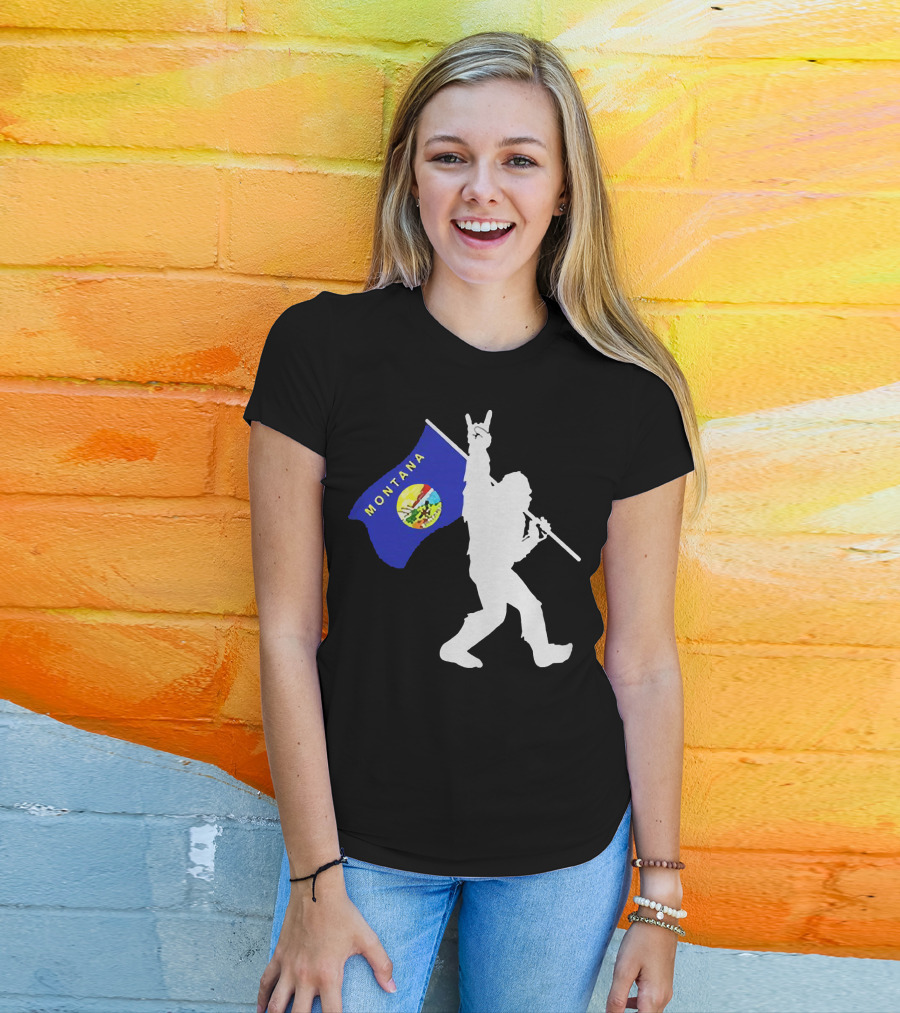 Bigfoot Holding Montana State Flag Middle Finger Gesture T-Shirt