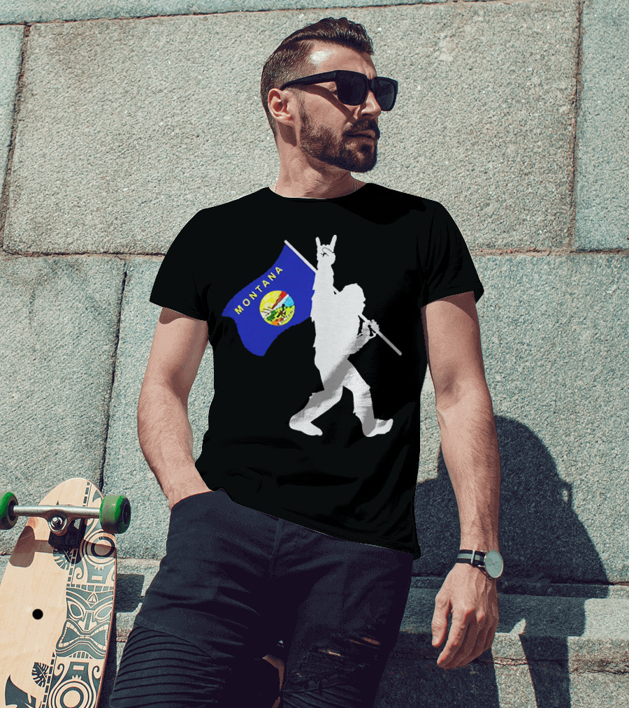 Bigfoot Holding Montana State Flag Middle Finger Gesture T-Shirt