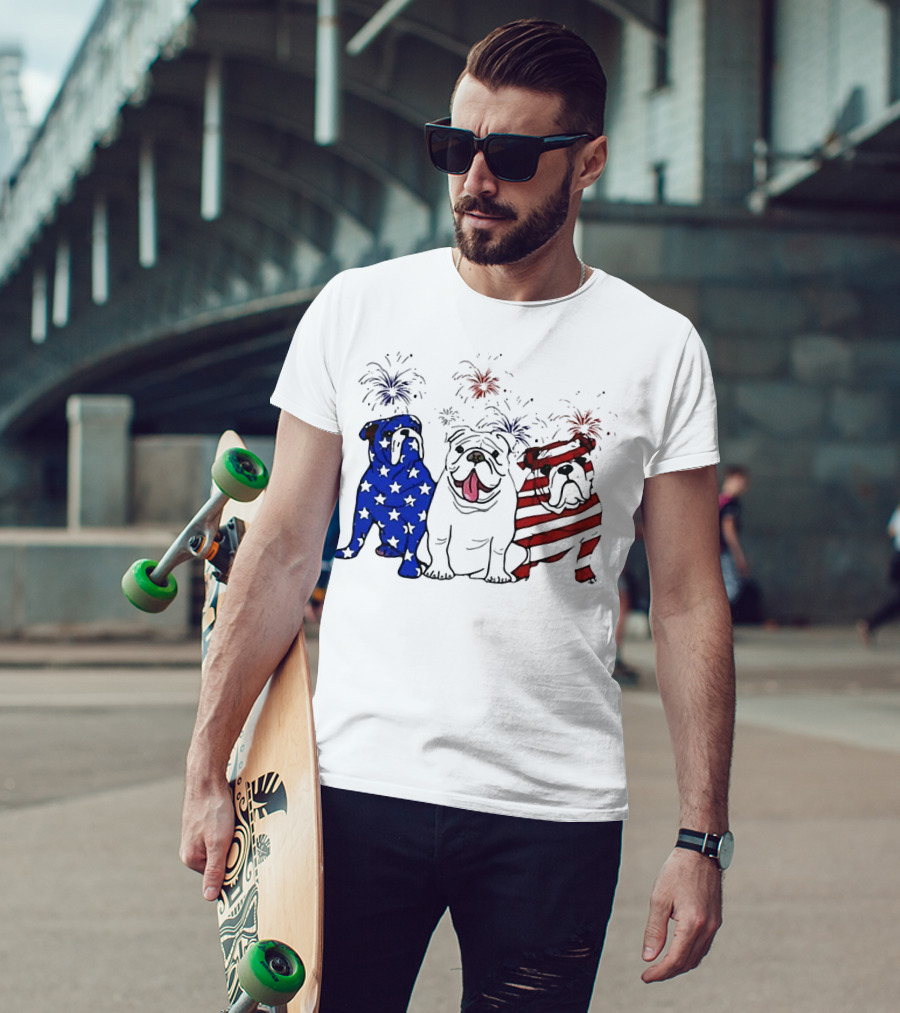 American Bulldog Stars And Stripes With Fireworks Merica T-Shirt