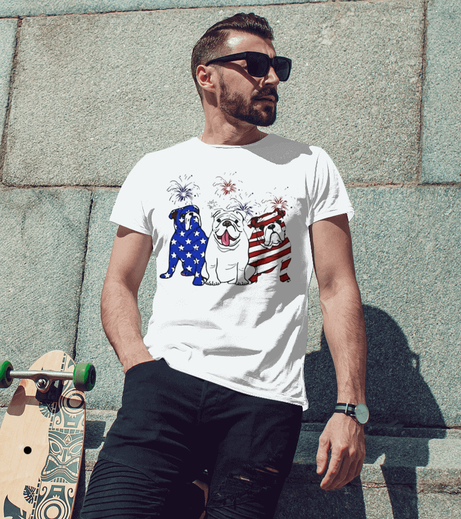 American Bulldog Stars And Stripes With Fireworks Merica T-Shirt