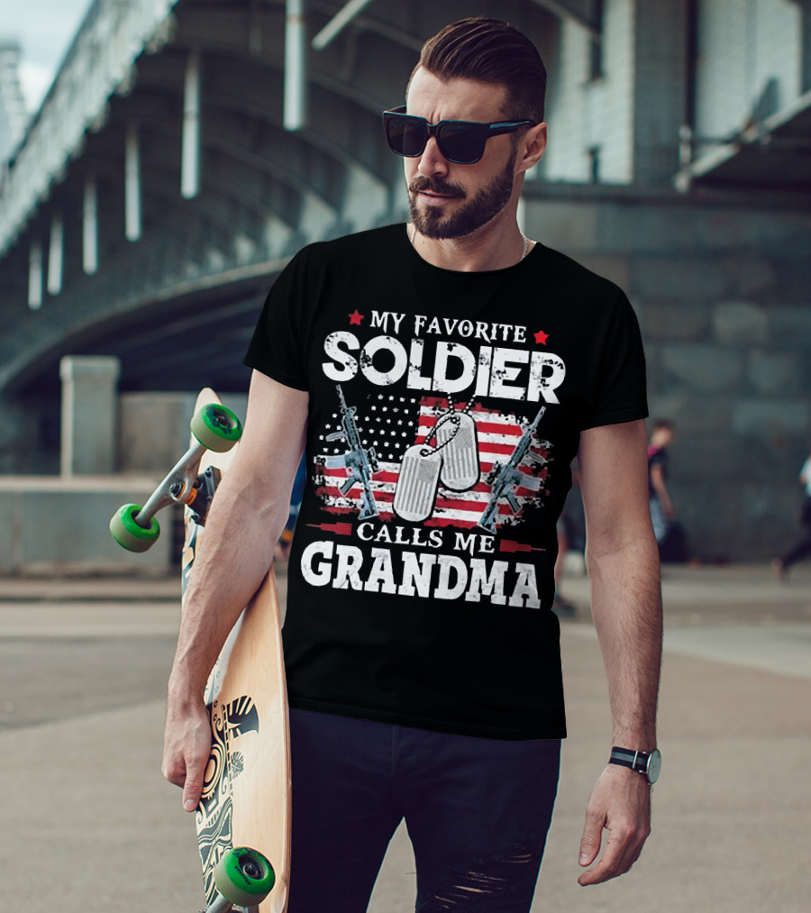 My Favorite Soldier Calls Me Grandma USA Flag Dog Tags Rifle T-Shirt