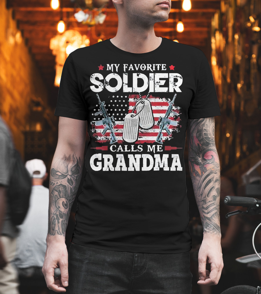 My Favorite Soldier Calls Me Grandma USA Flag Dog Tags Rifle T-Shirt