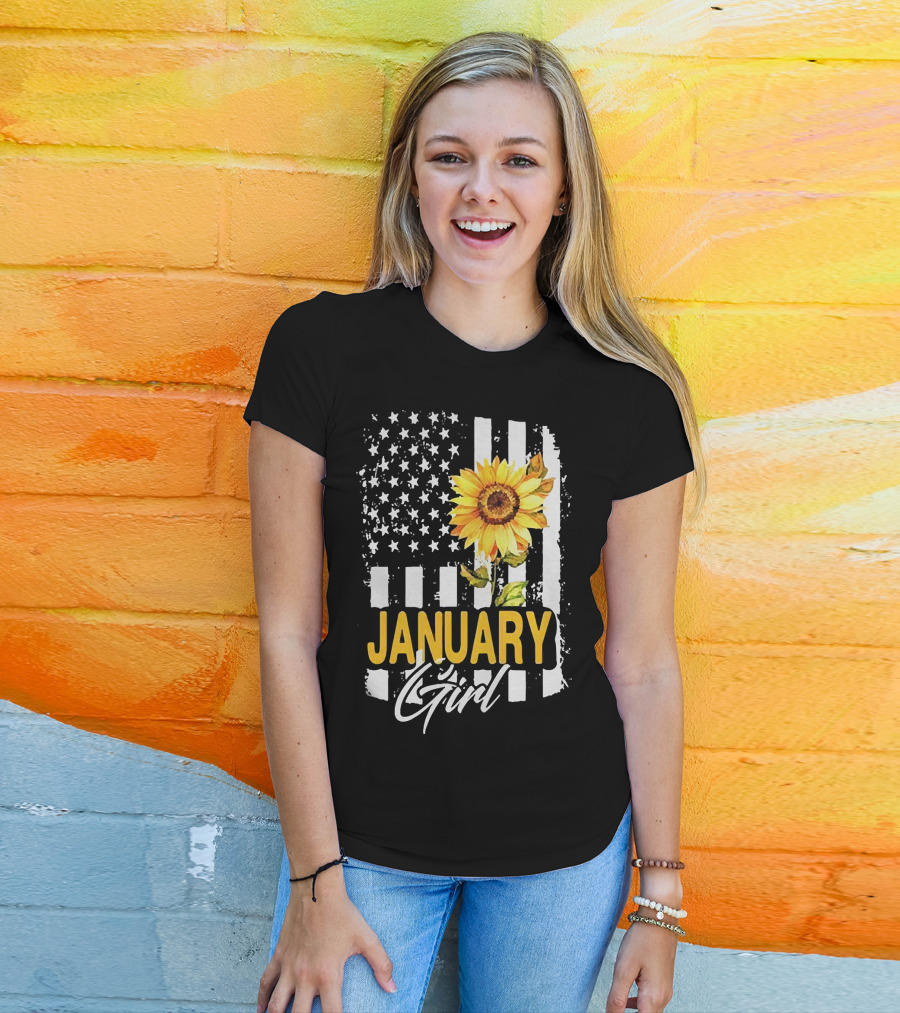 Sunflowers January Girl American Flag T-Shirt