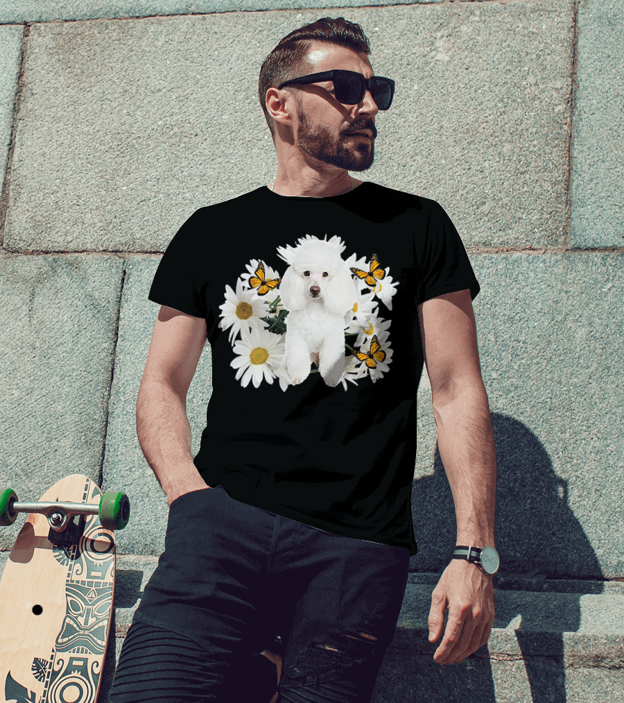 French Poodle Daisy With Butterflies And Flowers T-Shirt