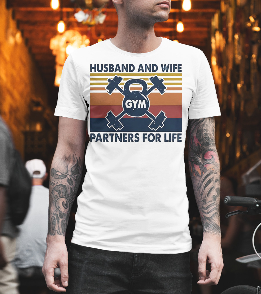 Husband and Wife Gym Partners for Life Kettlebell and Dumbbells Vintage Stripes T-Shirt