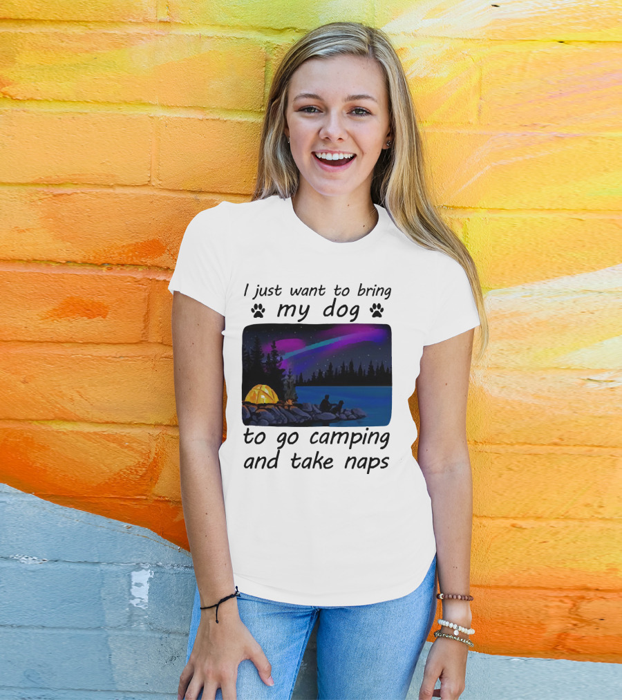 I Just Want To Bring My Dog To Go Camping And Take Naps With Aurora Borealis And Tent By Lake T-Shirt