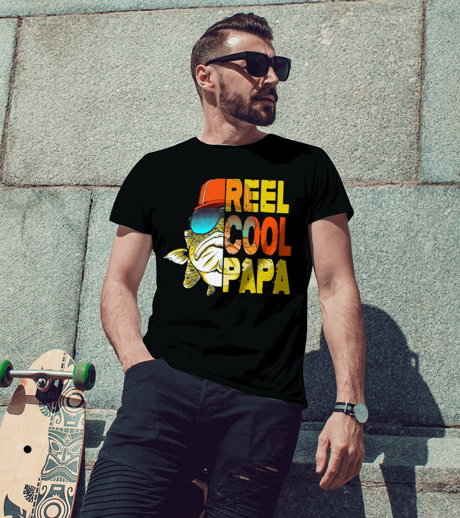 Fathers Day Fishing Reel Cool Papa Fish Wearing Hat Sunglasses T-Shirt