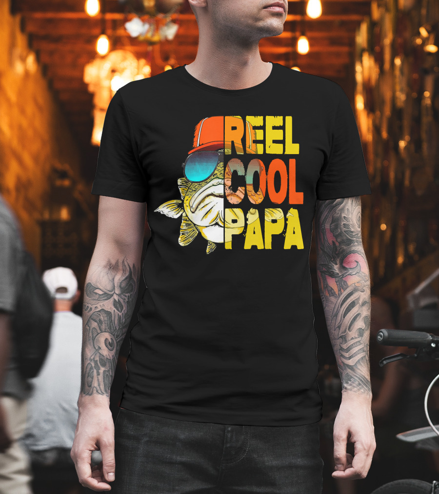 Fathers Day Fishing Reel Cool Papa Fish Wearing Hat Sunglasses T-Shirt