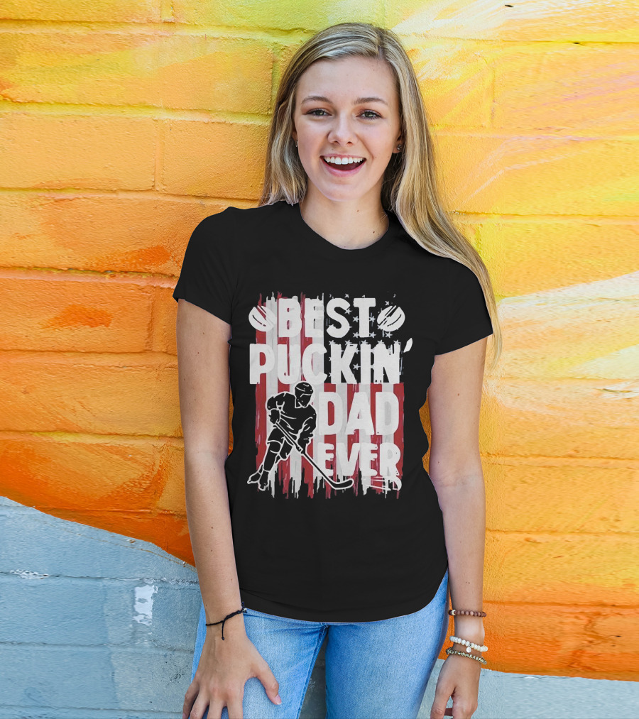 Best Puckin Dad Ever Hockey American Flag Player T-Shirt