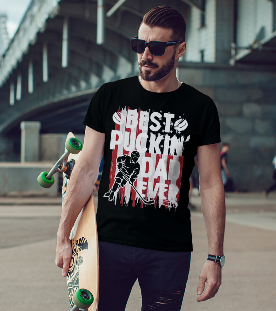 Best Puckin Dad Ever Hockey American Flag Player T-Shirt