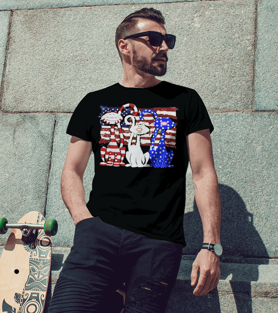 Cats With American Flag Stripes Stars Independence Day Veteran U.S T-Shirt