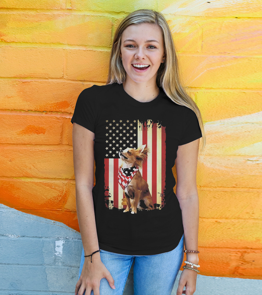 Patriotic Chihuahua With American Flag Background T-Shirt